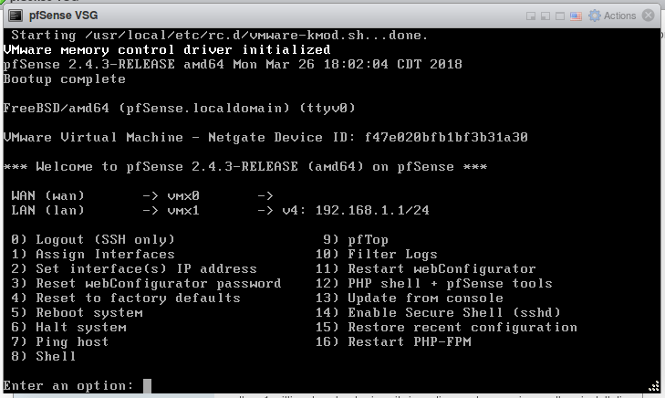 pfSense 虚拟机控制台启动菜单