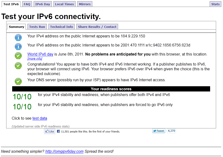 test-ipv6.com的测试结果示例