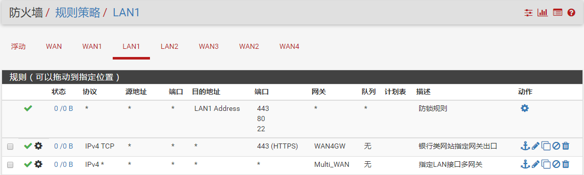 防火墙规则列表，显示LAN接口规则中已设定网关组