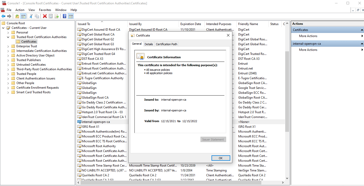 在 Windows 10 客户端中作为受信任的根 CA 证书导入的内部 OPNsense CA 证书