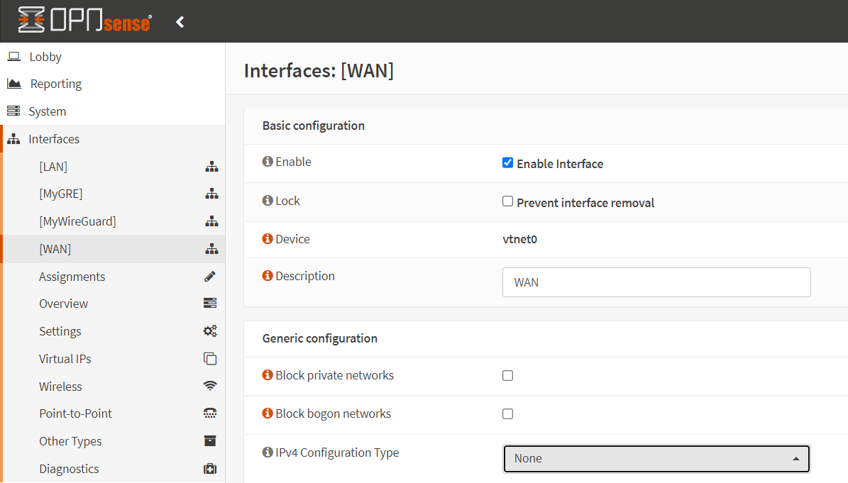 将 WAN 的 IPv4 配置类型设置为无