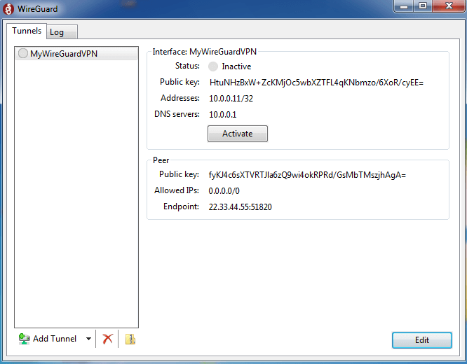 在 Windows 客户端上激活 WireGuard 隧道