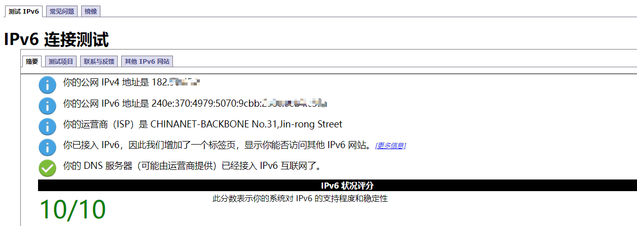 IPv6测试网站检测结果