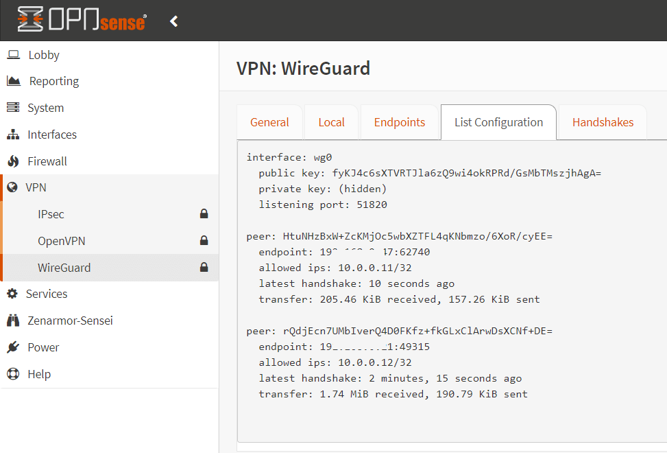 OPNsense 上已连接的 WireGaurd VPN 客户端列表配置