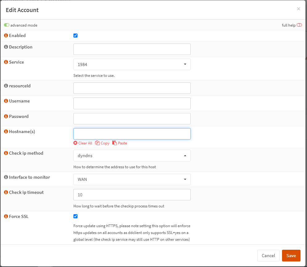 OPNsense 动态 DNS 帐户设置
