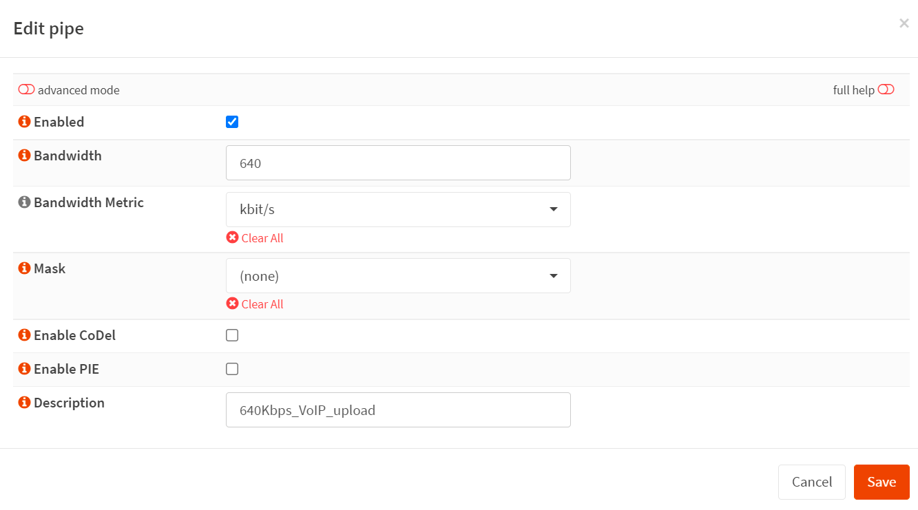 为 640 Kbps VoIP 上传带宽预留创建管道