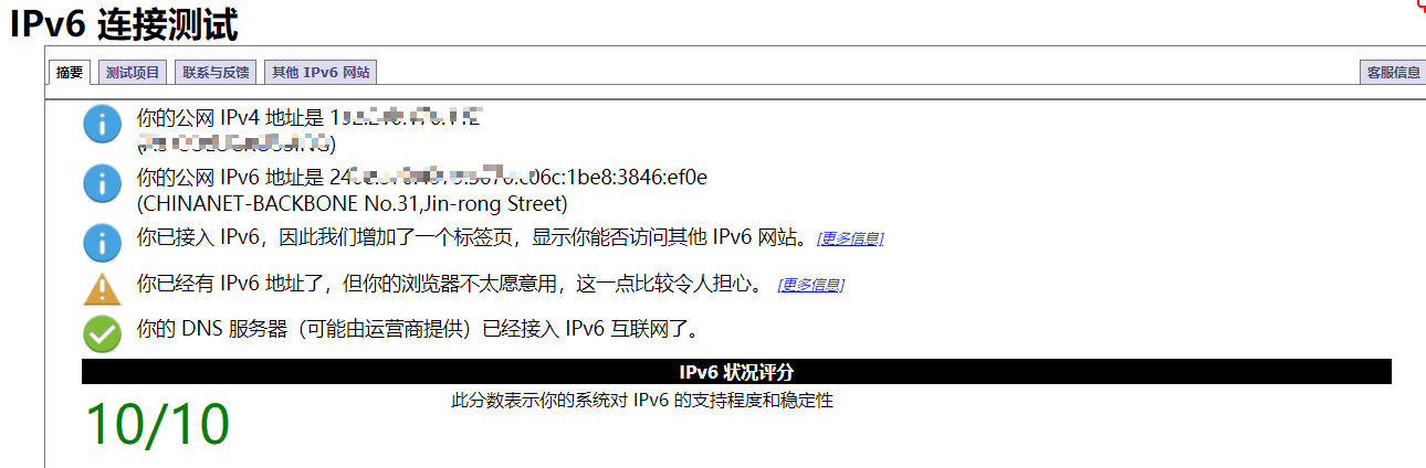 IPv6连接测试结果页面