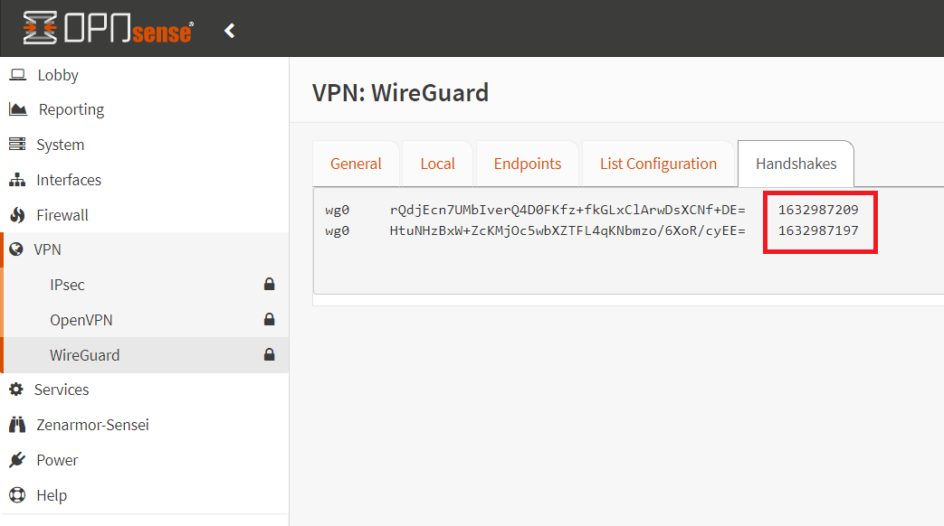 在 OPNsense 上查看 WireGuard VPN 连接的握手