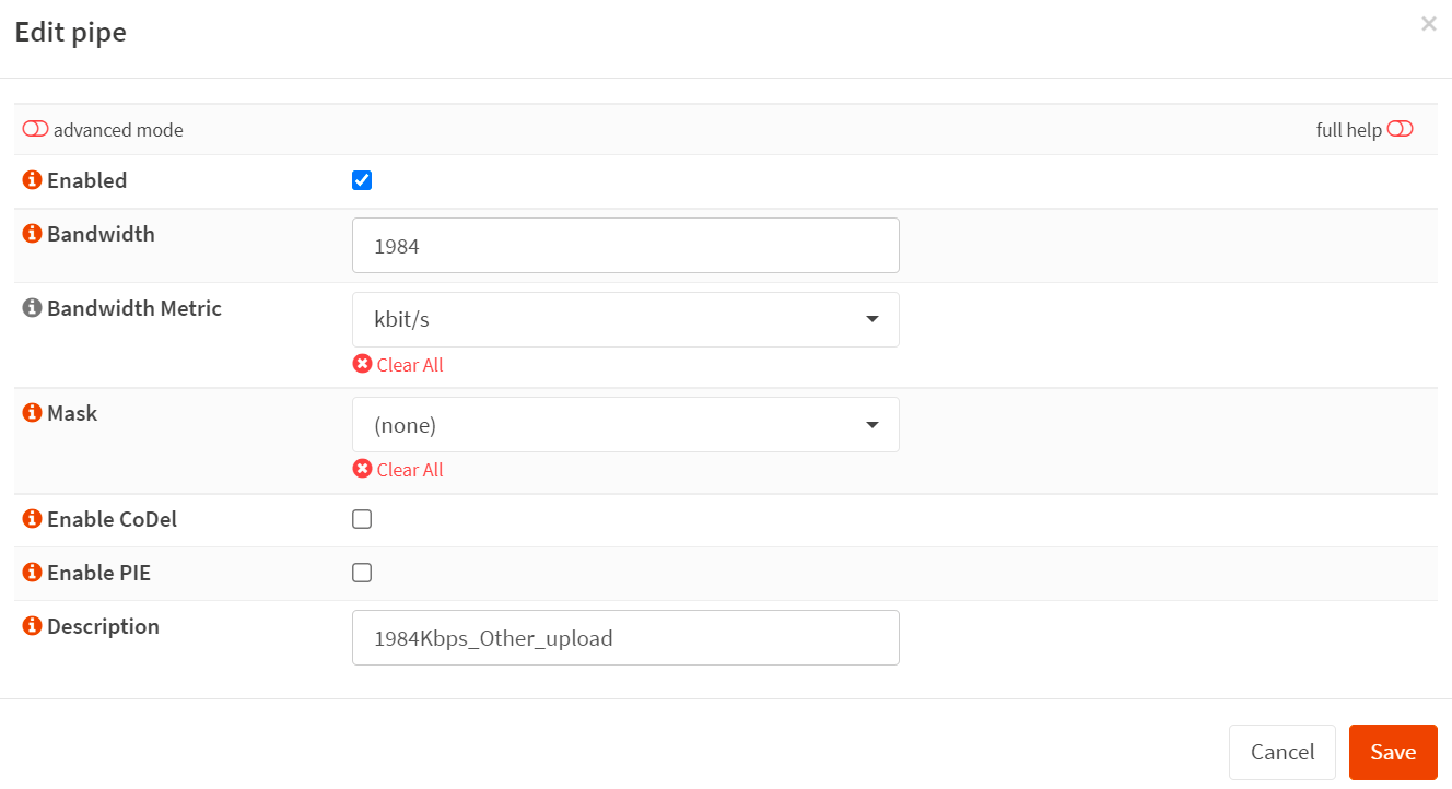为 1984 Kbps 其他上传流量带宽限制创建管道