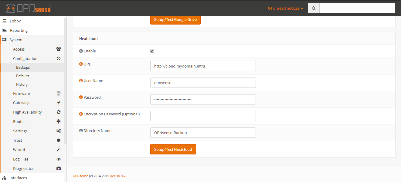 OPNsense Nextcloud 备份填写页面