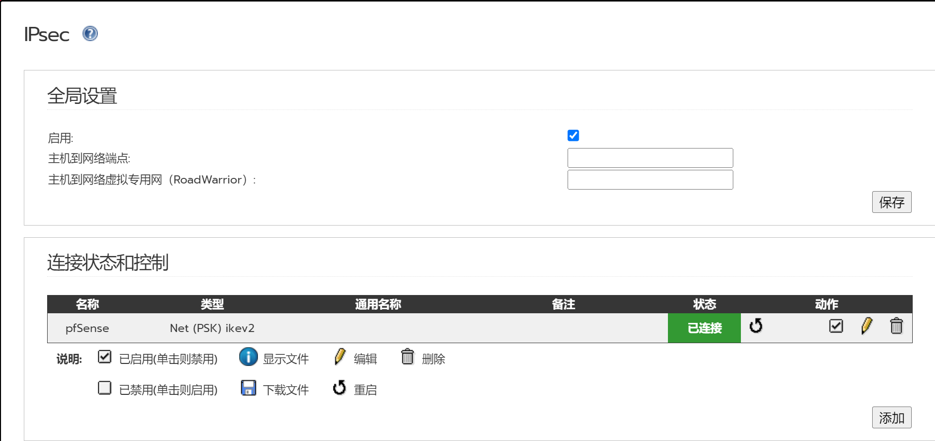IPFire IPsec全局启用及状态截图