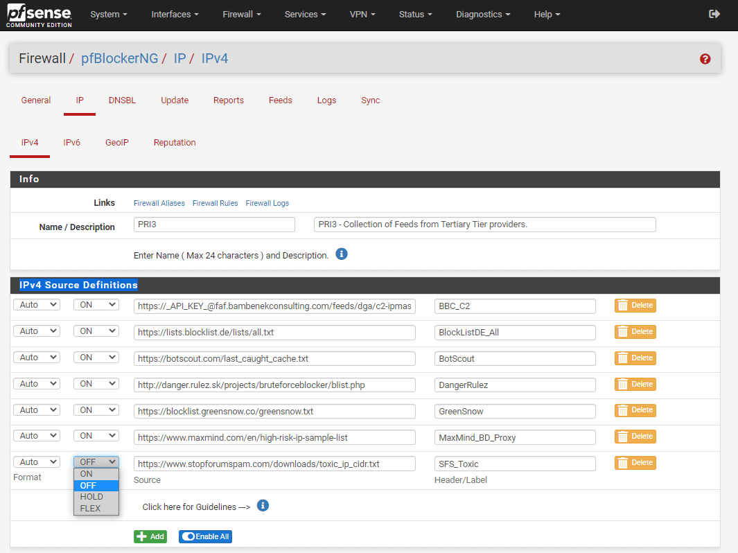 pfBlockerNG 上 PRI3 组的 IPv4 源定义
