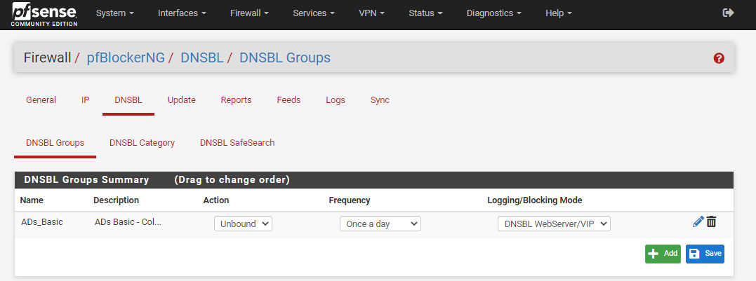 在 pfBlockerNG 上启用 DNSBL 组源