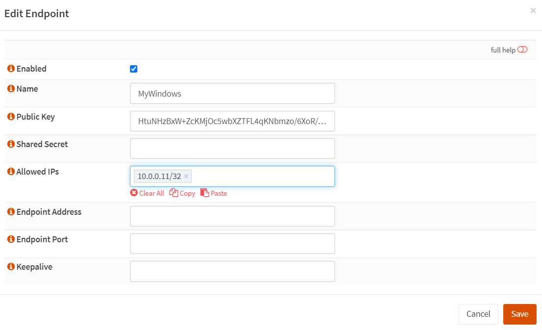 在 OPNsense 上设置 WireGuard Endpoint(Windows) 配置