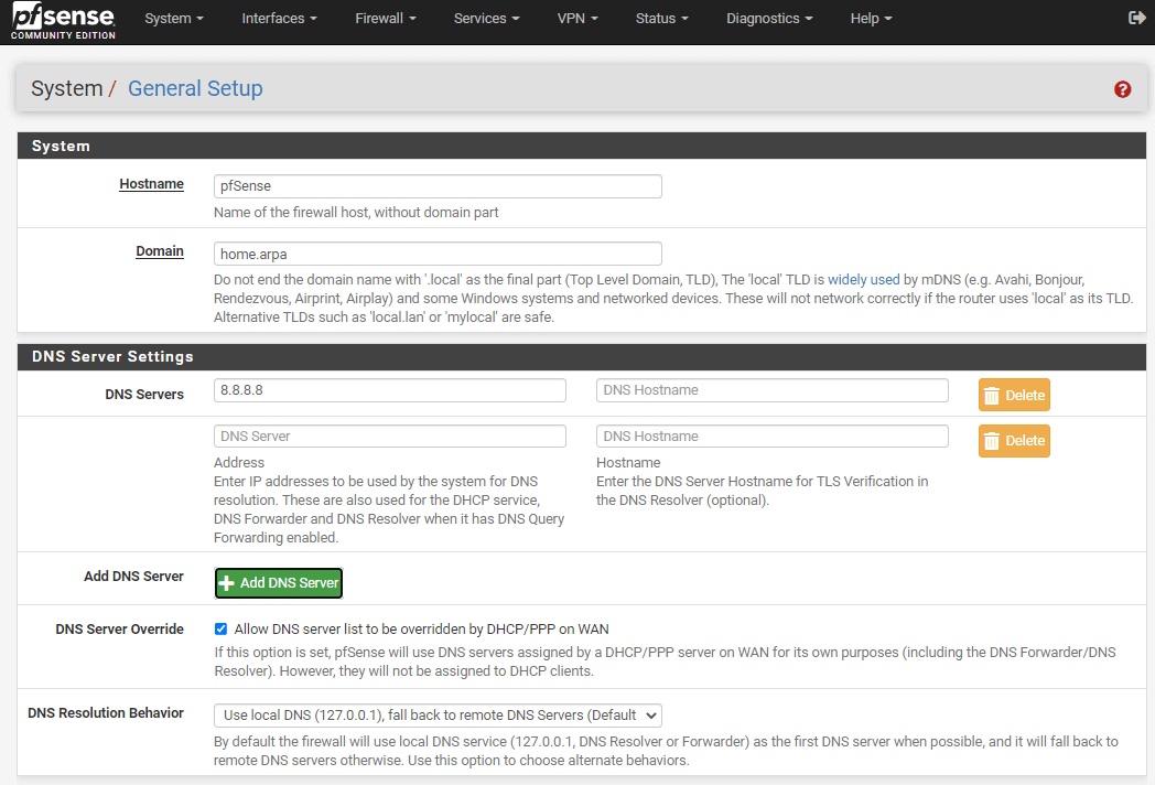 在 pfSense 软件上添加 DNS 服务器