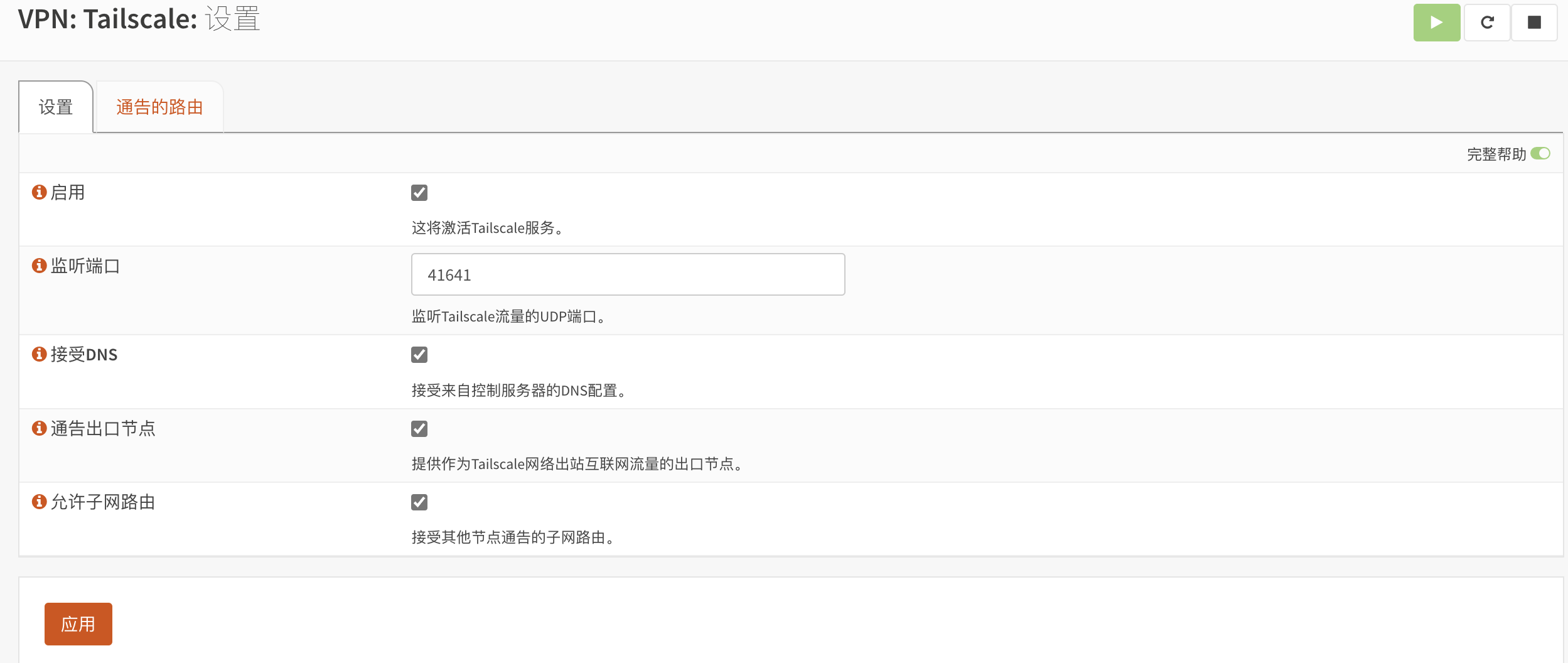 启用 Tailscale 设置页面