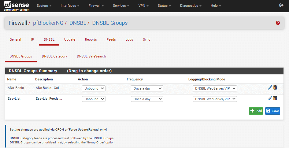 pfBlockerNG 上的 DNSBL 组摘要