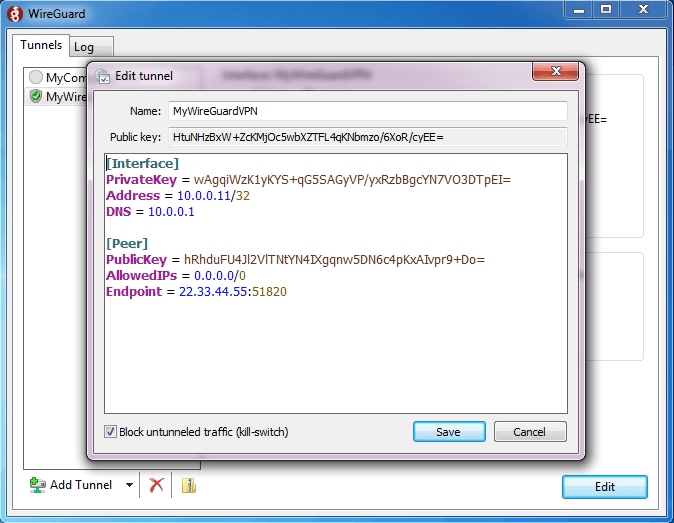 Windows 客户端上的 WireGuard 隧道配置