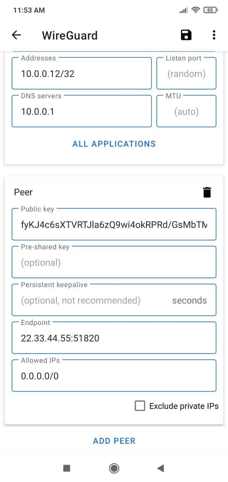 在 Android 设备上向 WireGuard 客户端添加对等配置