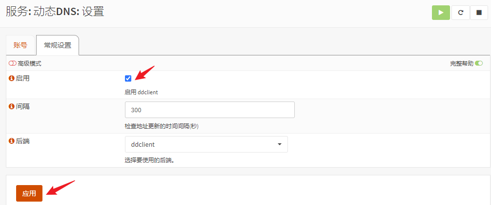 启用动态 DNS 服务的设置页面