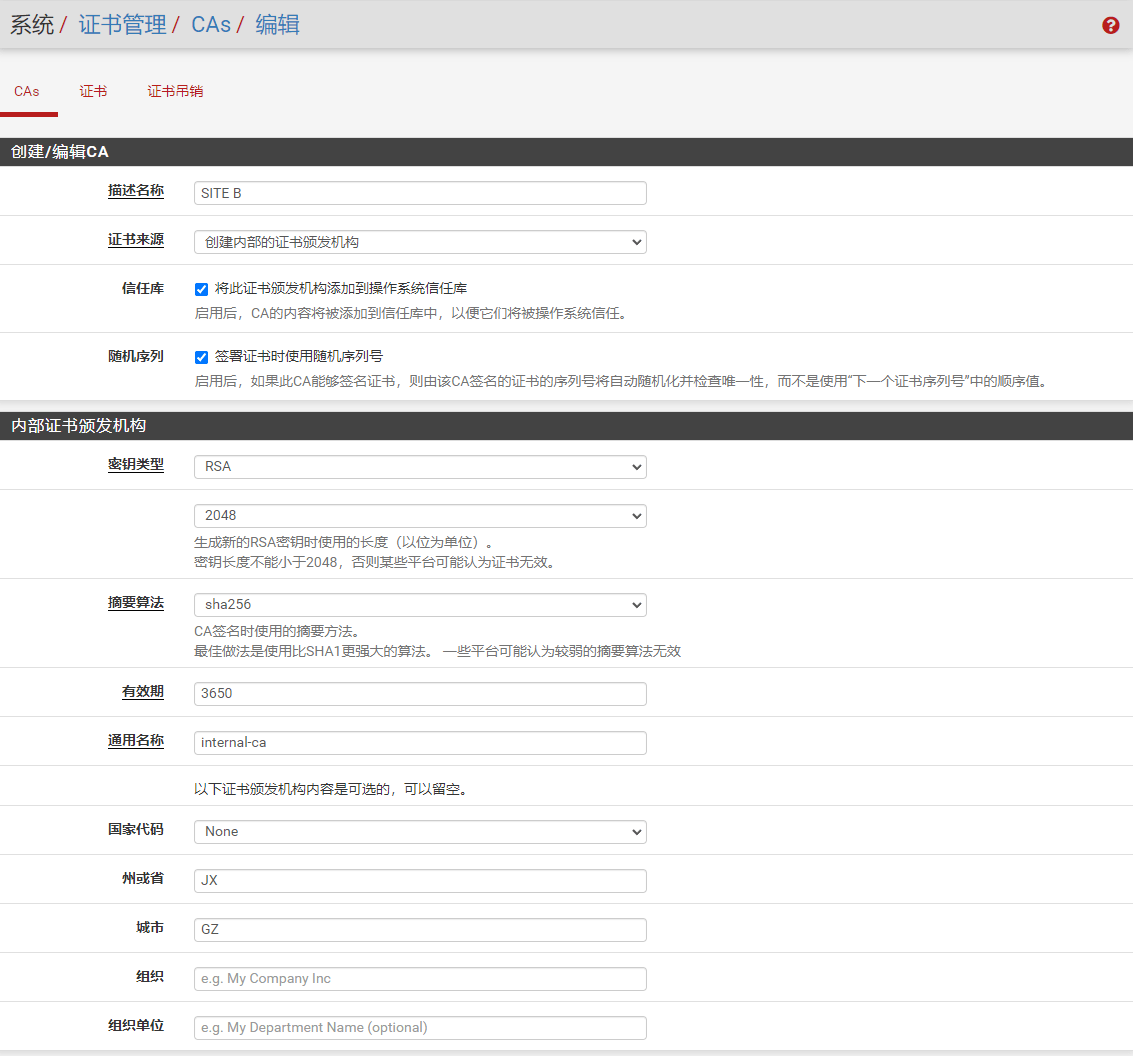 站点B创建CA设置界面 站点B创建CA设置界面