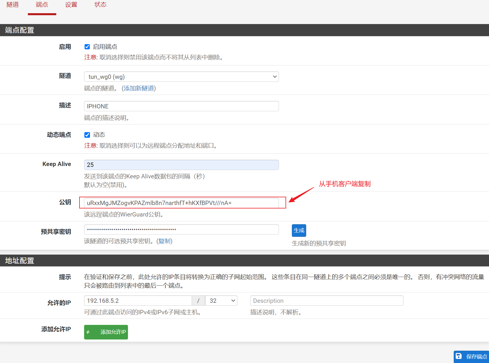 添加WireGuard端点配置