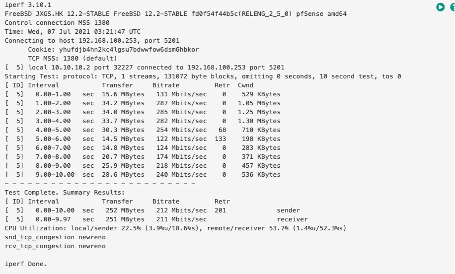 iperf3测速结果