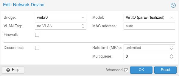 网络适配器选用VirtIO并设置Multiqueue=8