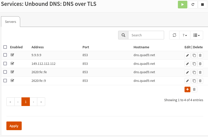 OPNsense Unbound DNS的DoT配置界面