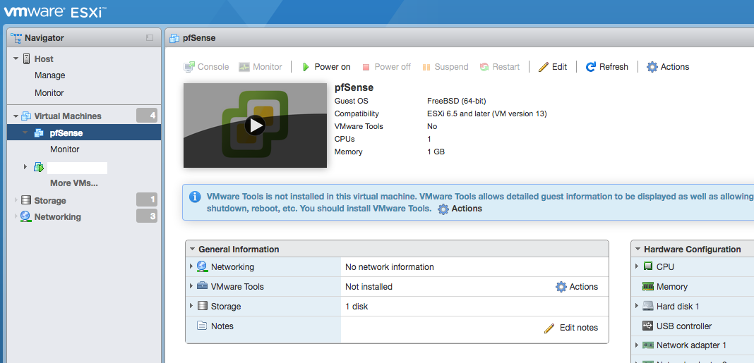 在vSphere Web Client中选择刚创建的pfSense虚拟机