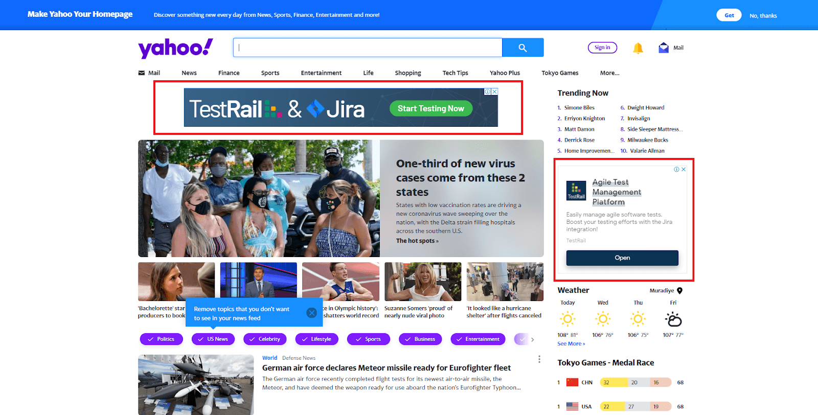 没有广告拦截的 yahoo.com 页面