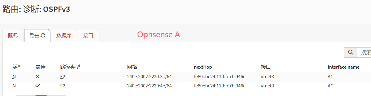 在OPNsense A上查看路由表