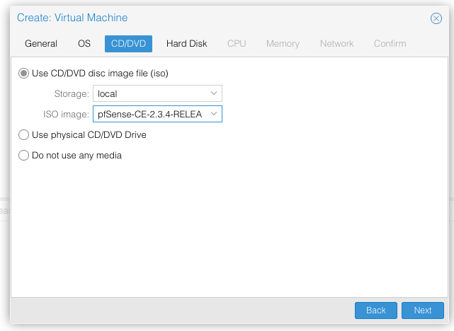 CD/DVD选项卡选择pfSense ISO映像