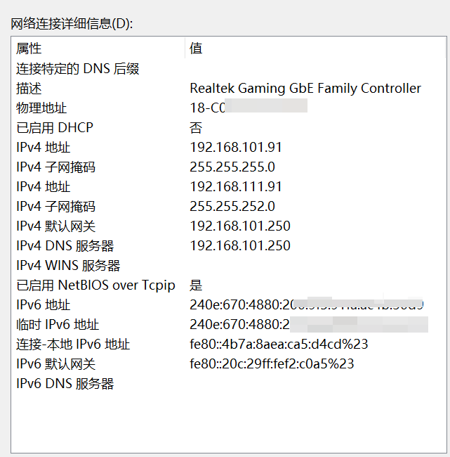 客户端获取到的IPv6地址