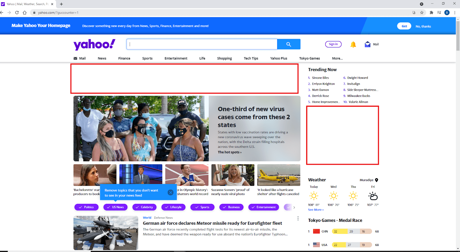 带有广告屏蔽功能的 yahoo.com 页面（红色矩形中的广告被屏蔽）