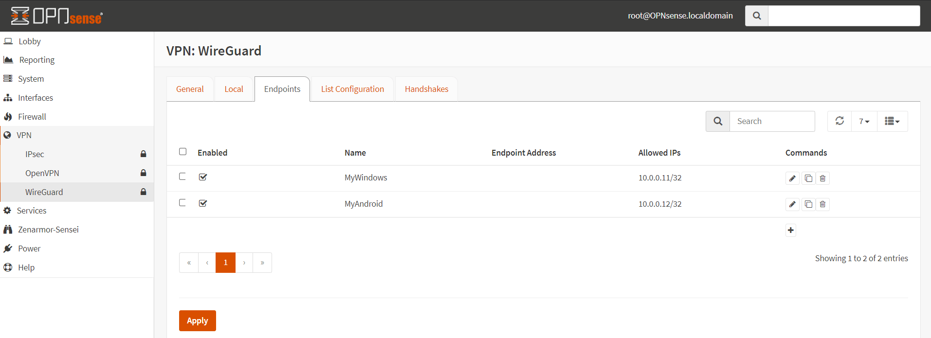 OPNsense 上的 WireGuard 端点列表