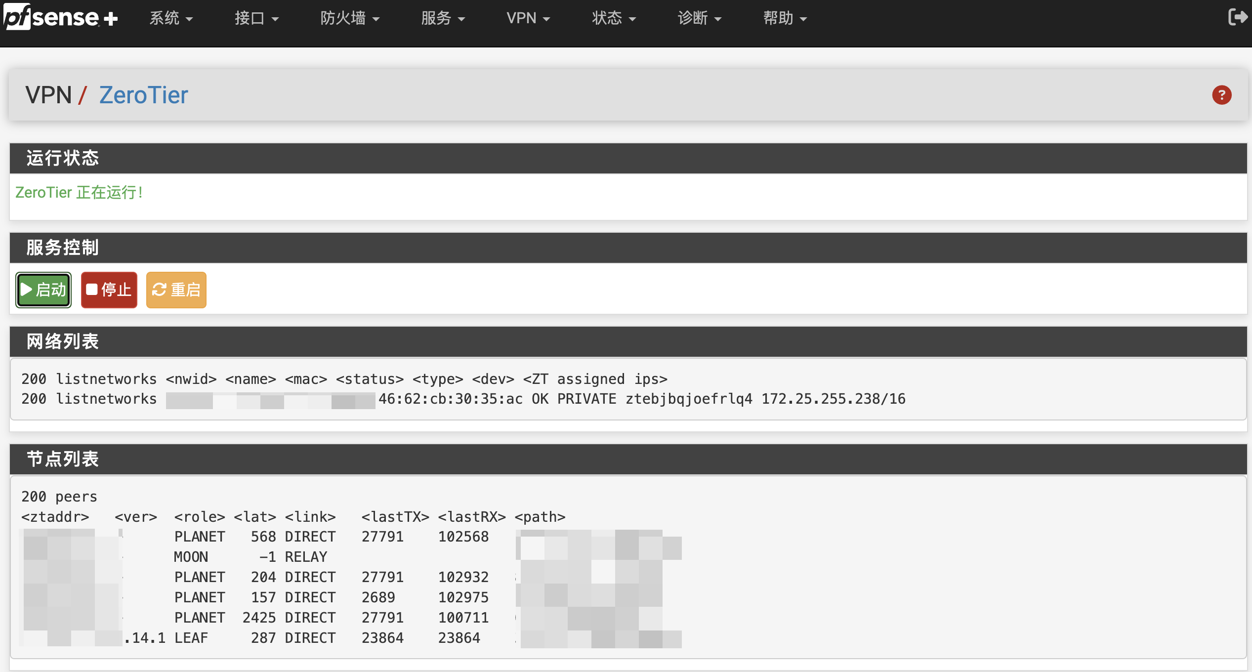 pfSense Web 界面中 ZeroTier 页面显示的网络及节点
