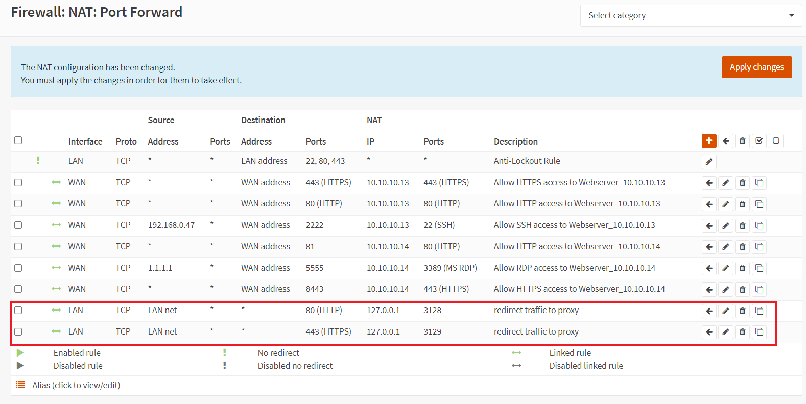 OPNsense 代理中透明 HTTP/SSL 模式的 NAT 防火墙规则