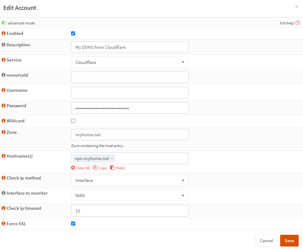 OPNsense 上 Cloudflare 的动态 DNS 帐户设置