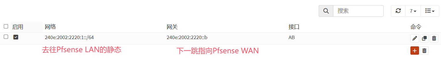 添加去往pfSense LAN的静态IPv6路由