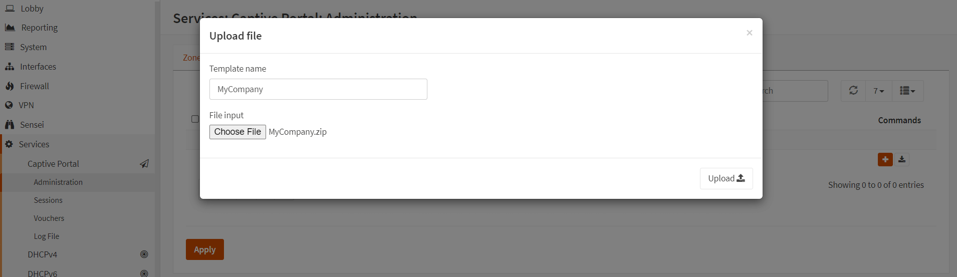 在 OPNsense 上上传新的 Captive Portal 模板 在 OPNsense 上上传新的 Captive Portal 模板
