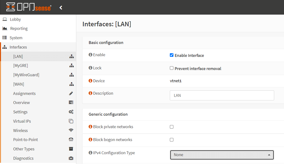 将 LAN 的 IPv4 配置类型设置为无